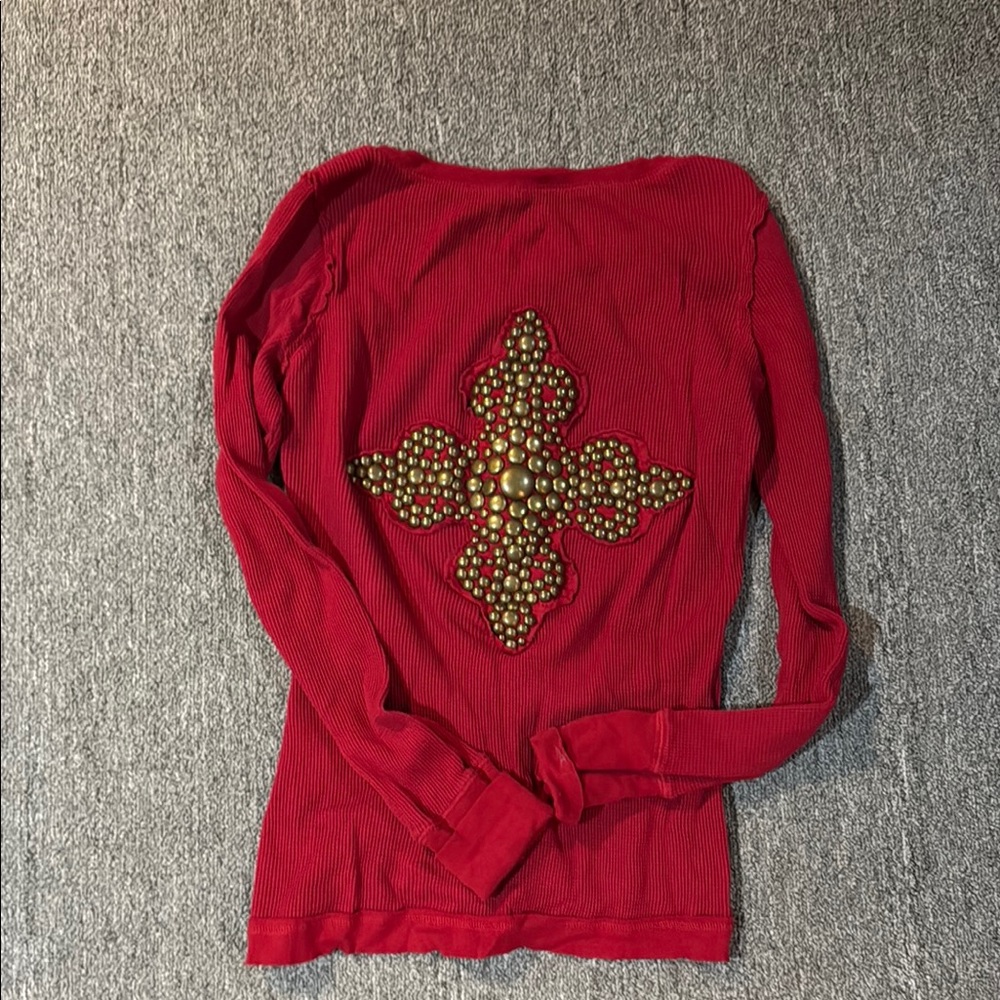 Red Long Sleeve Top with Gold Embellishments